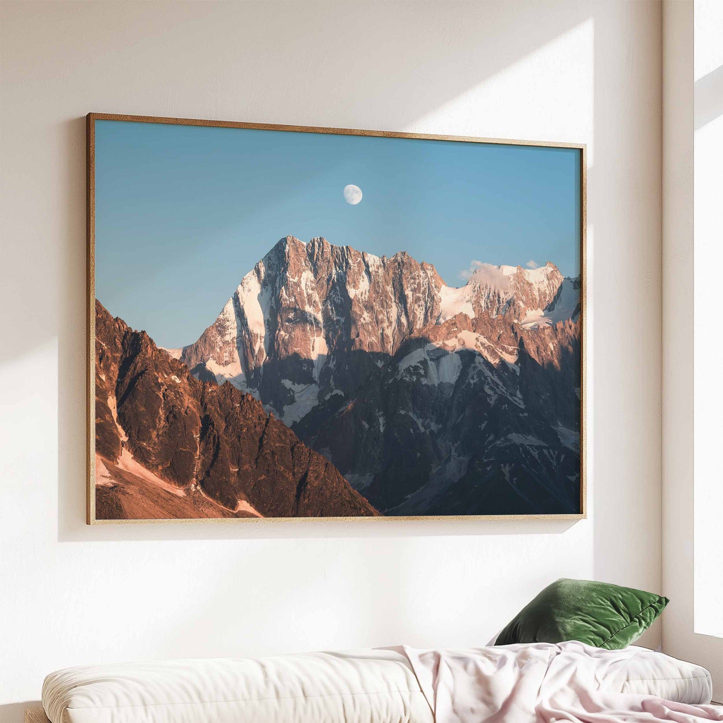 Colorful Grand Jorasses print showcasing a full moon and warm sunlight, wall-mounted.