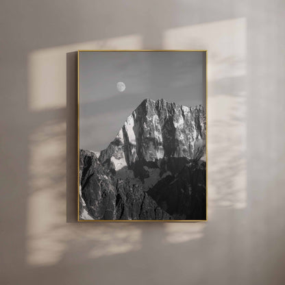 Grand Jorasses with the moon in a black-and-white fine art photography print.