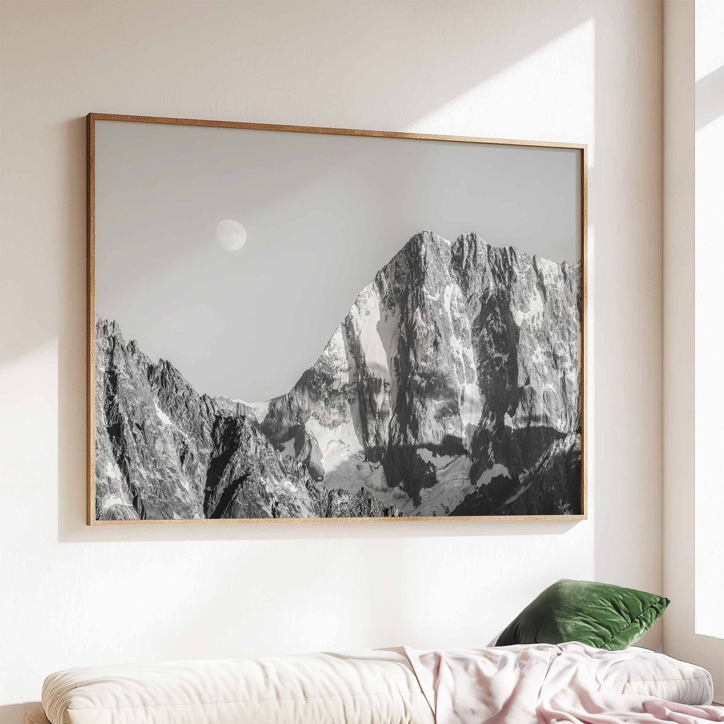 Elegant wall-mounted print of the Grand Jorasses with the moon in the background.