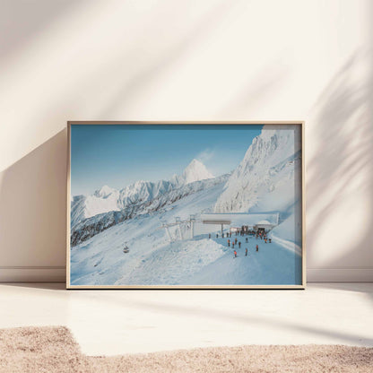 Grand Montets ski area wall art print featuring Bochard station in winter