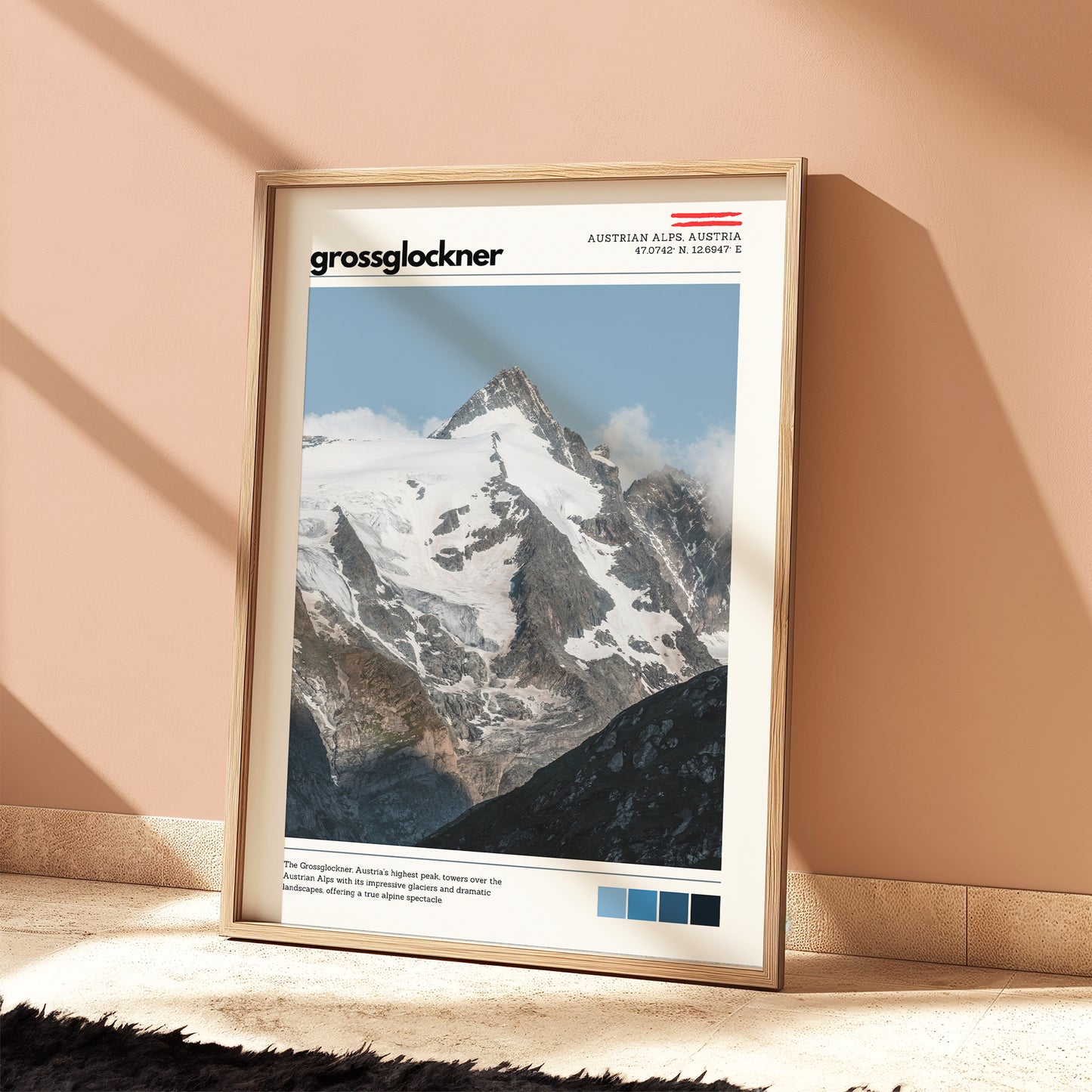 Grossglockner mountain poster shown at scale on a wall