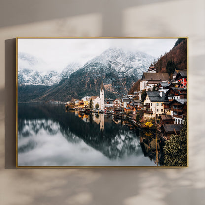 Fine art print of Hallstatt village with lake reflection and Austrian Alps in the background.