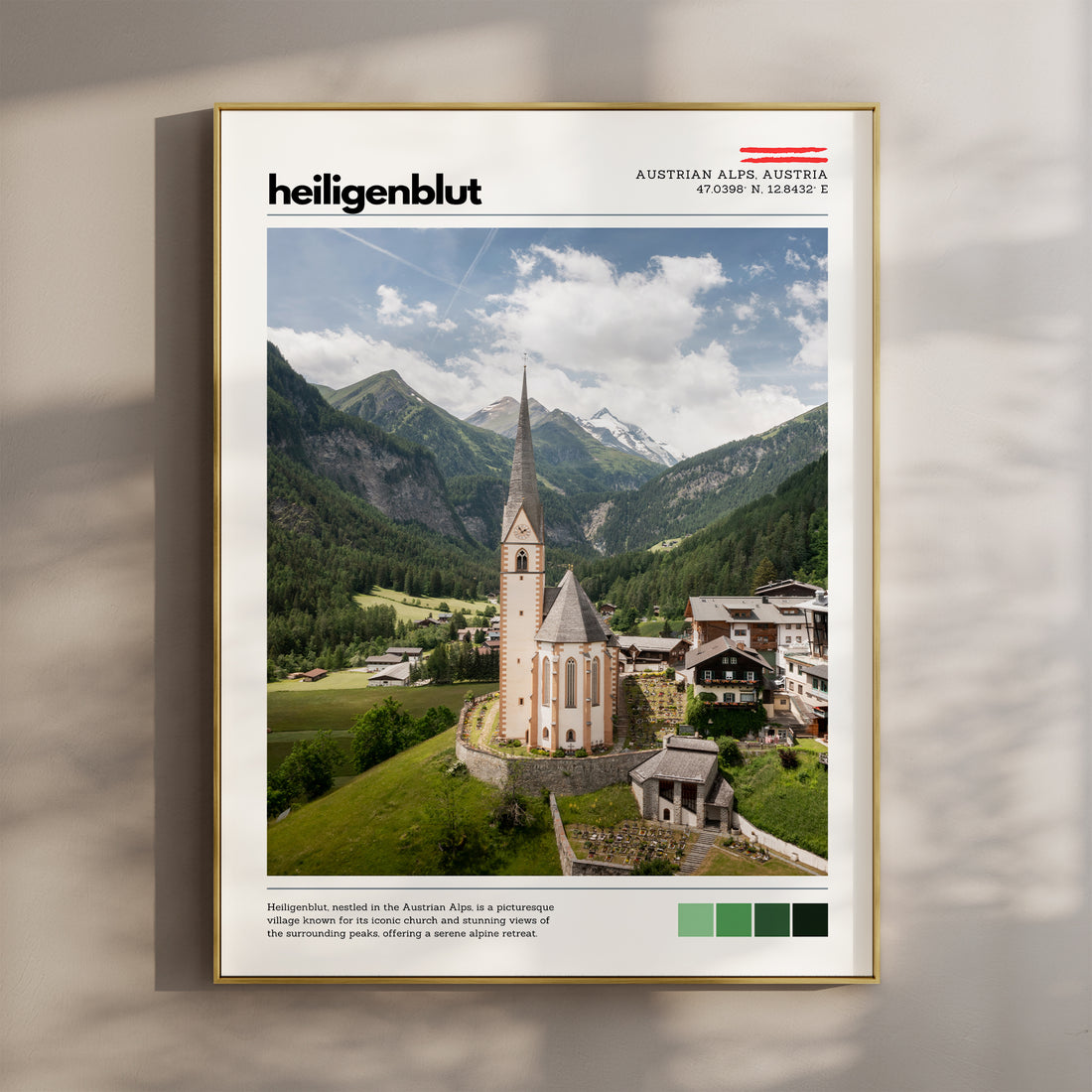 Heiligenblut location poster framed on a wall, featuring the village church and surrounding Austrian Alps