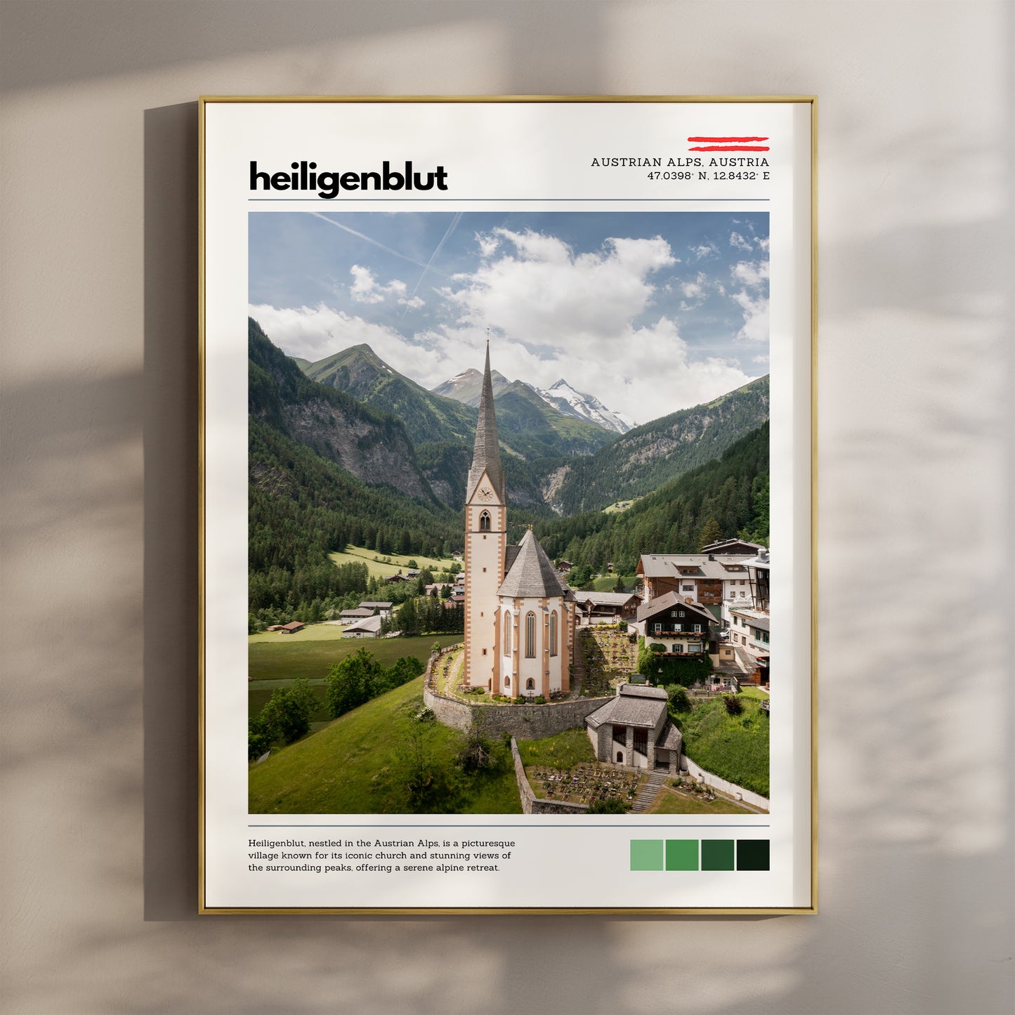 Heiligenblut location poster framed on a wall, featuring the village church and surrounding Austrian Alps