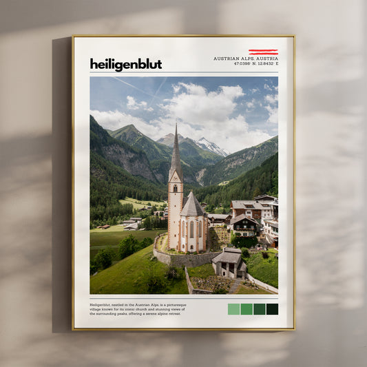 Heiligenblut location poster framed on a wall, featuring the village church and surrounding Austrian Alps