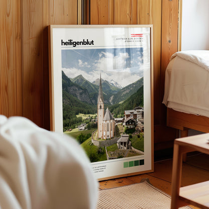 Heiligenblut location print leaning against a wall in a warm bedroom interior