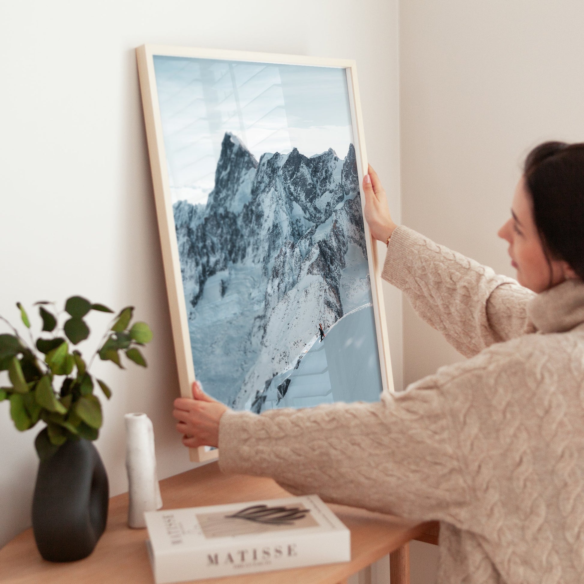 An exhilarating Chamonix photography print of a skier on the legendary Midi Arete descent.