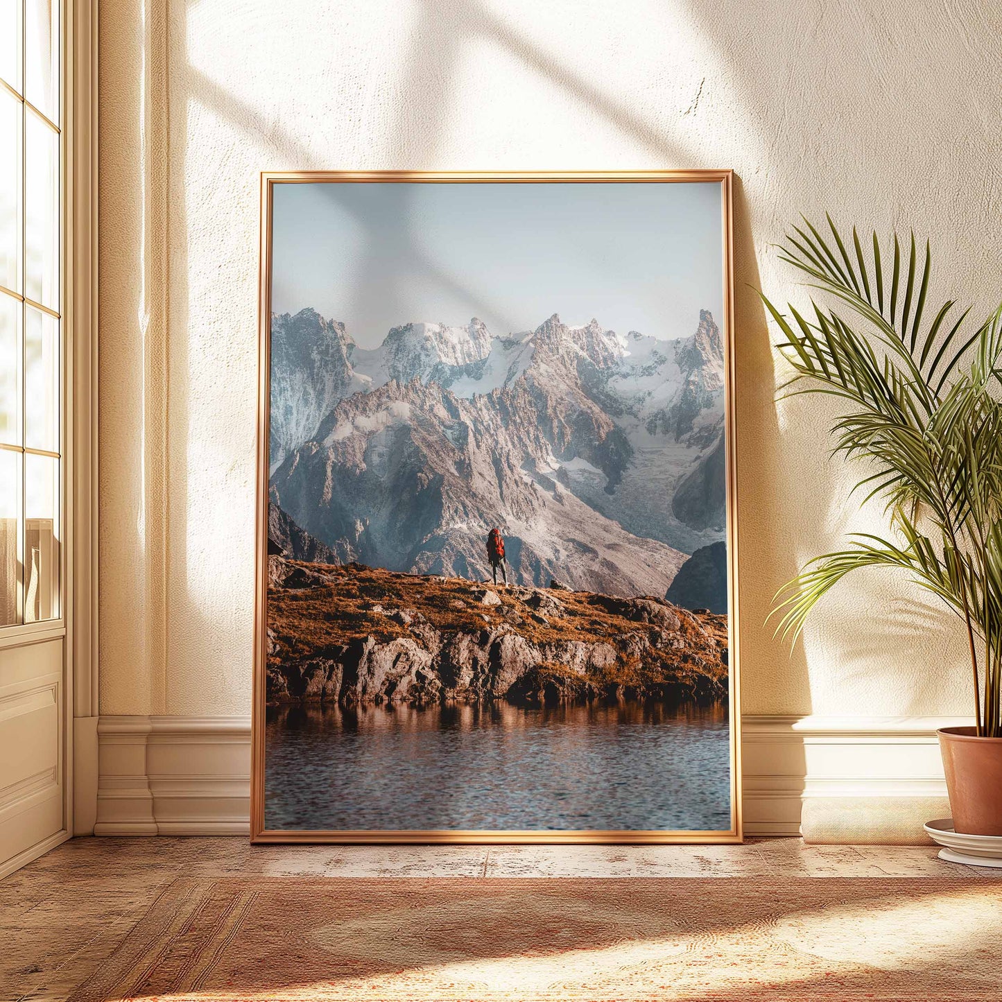 Stunning Tour du Mont Blanc trail art print featuring a hiker and mountain peaks.