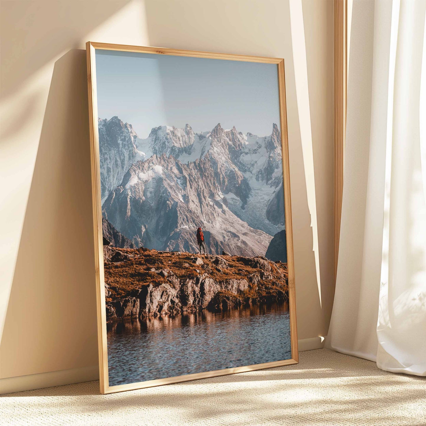 Tour du Mont Blanc wall art with a hiker against a backdrop of alpine beauty.