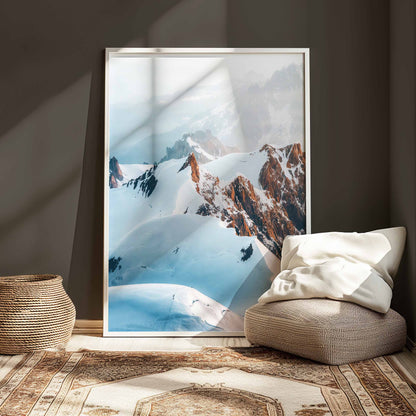 Wall art featuring hikers ascending the Trois Monts route toward Mont Blanc, surrounded by pristine snowfields and jagged peaks.