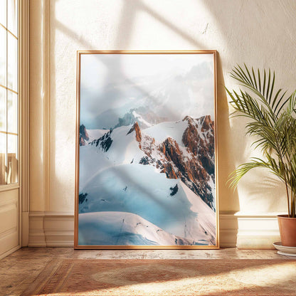 Beautiful print of climbers traversing the Trois Monts route, highlighting the grandeur of Mont Blanc in soft morning light.