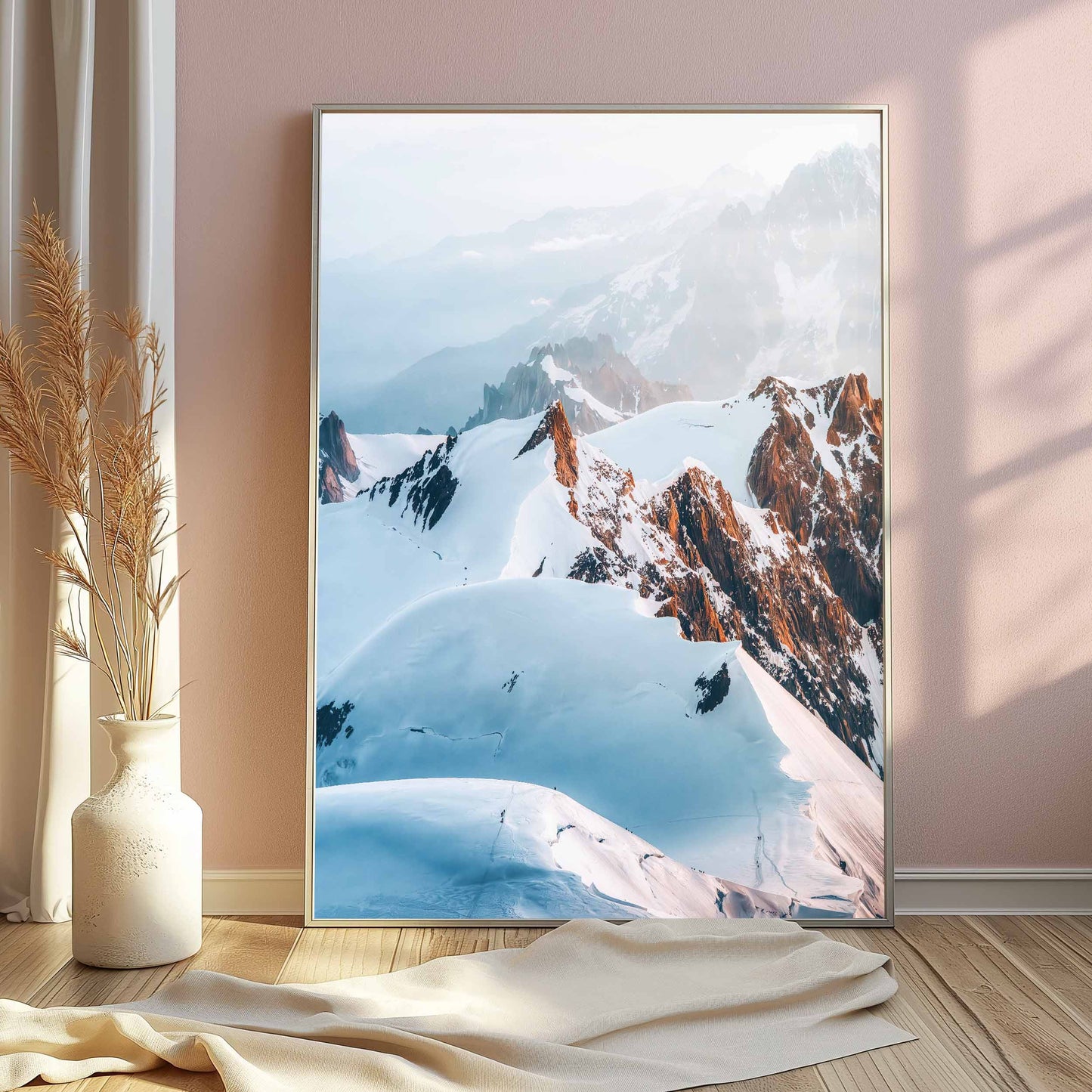 Photographic wall art of alpinists on the Trois Monts route, captured amidst the breathtaking Mont Blanc massif.