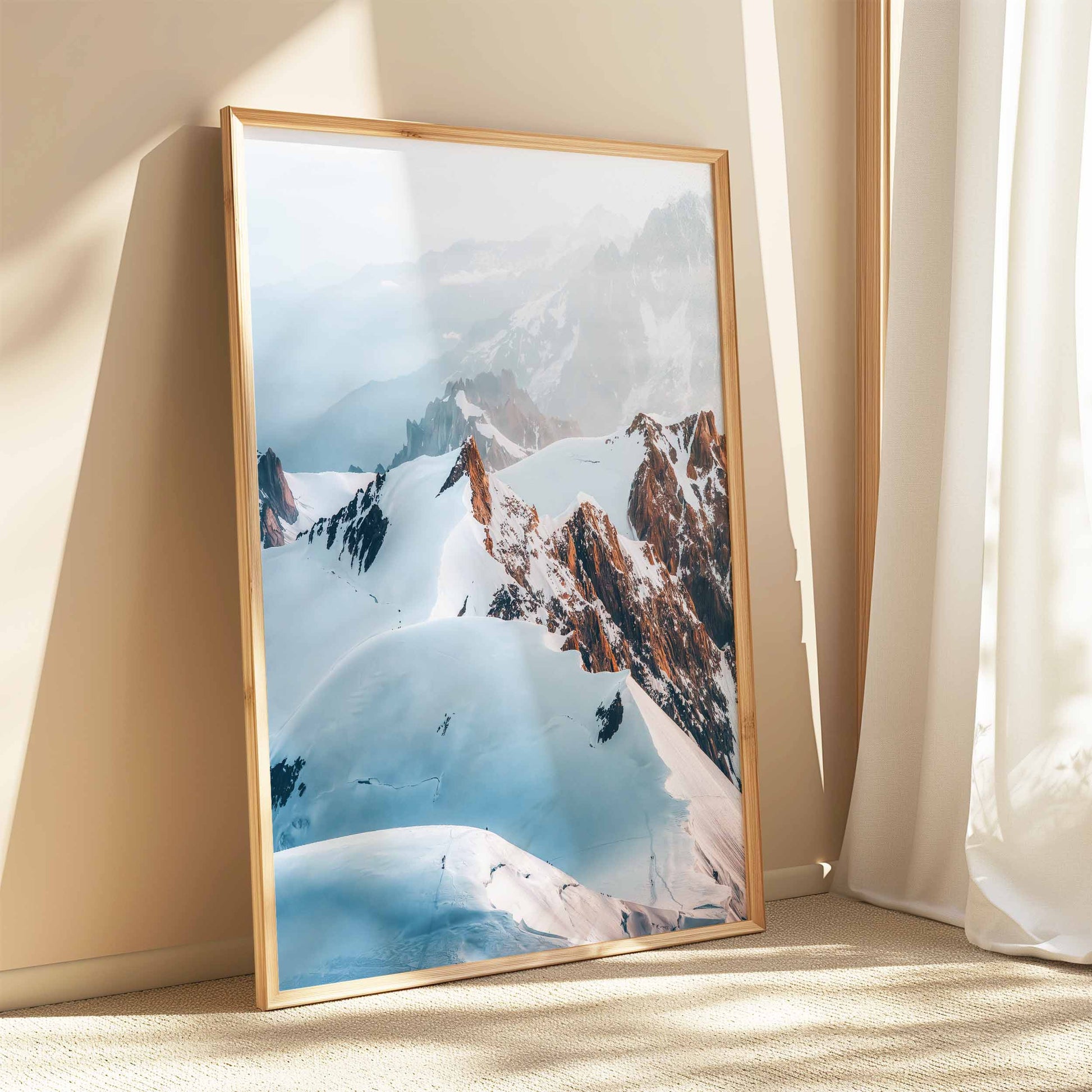 Fine art print showing hikers navigating the Trois Monts route, with Mont Blanc’s towering presence in the distance.