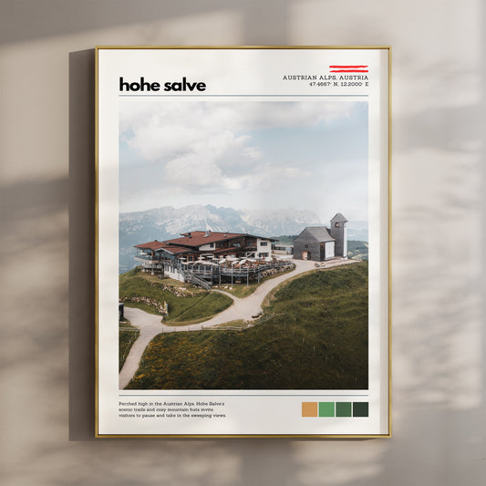 Hohe Salve location poster framed on a wall, featuring an alpine mountain lodge and church in the Austrian Alps