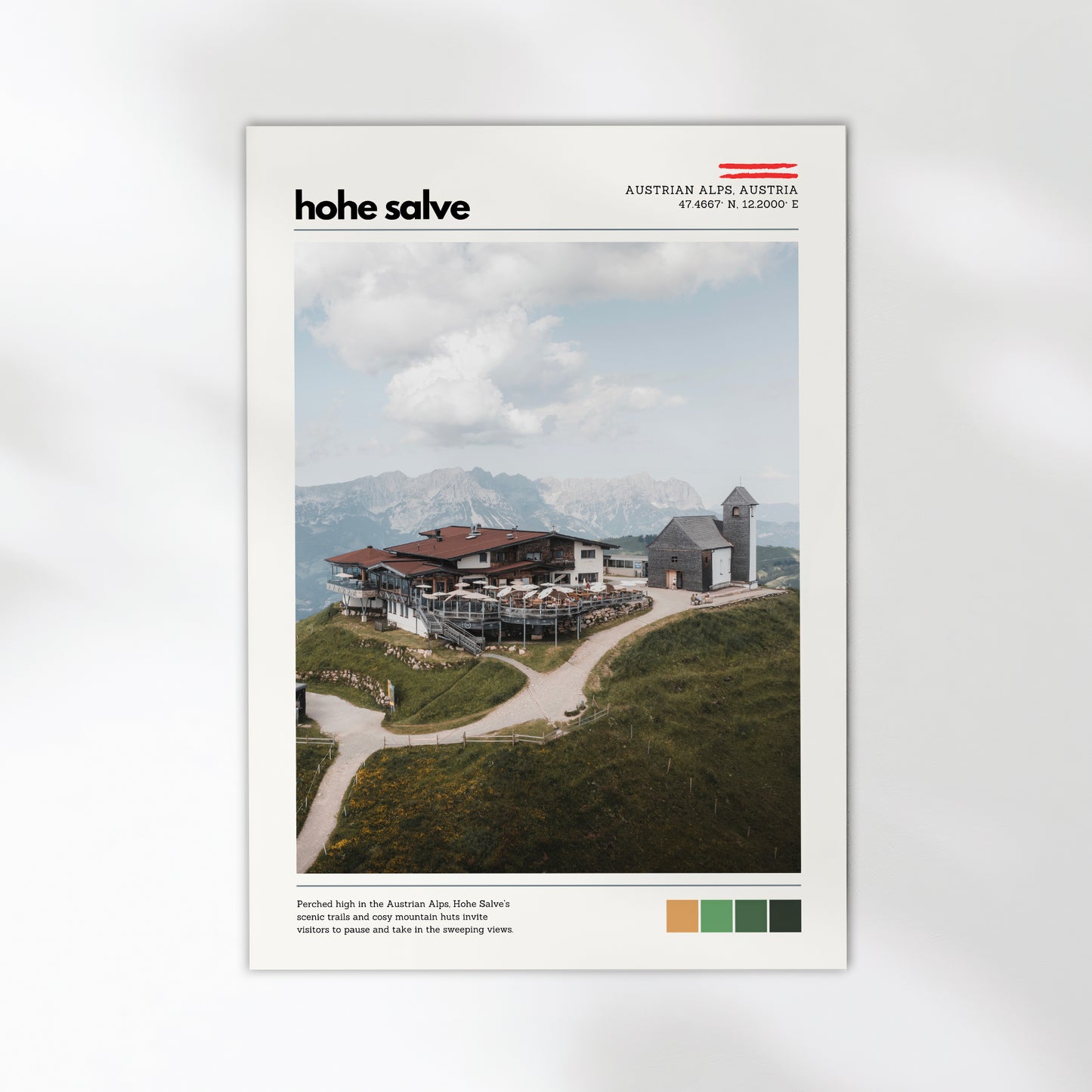 Hohe Salve Austrian Alps location poster showing a mountain lodge and alpine landscape in a clean exhibition-style design