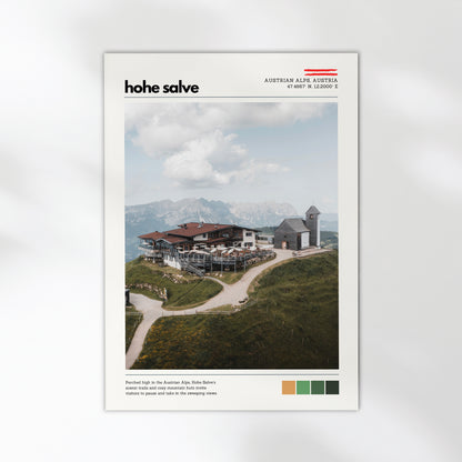 Hohe Salve Austrian Alps location poster showing a mountain lodge and alpine landscape in a clean exhibition-style design