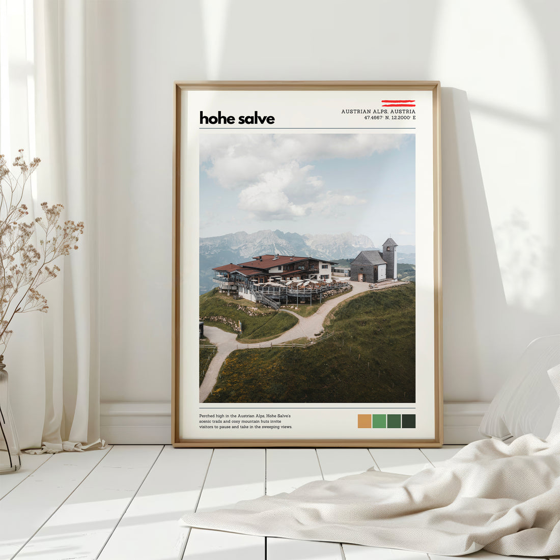 Hohe Salve Austrian Alps wall art displayed in a bright, minimal interior with natural light