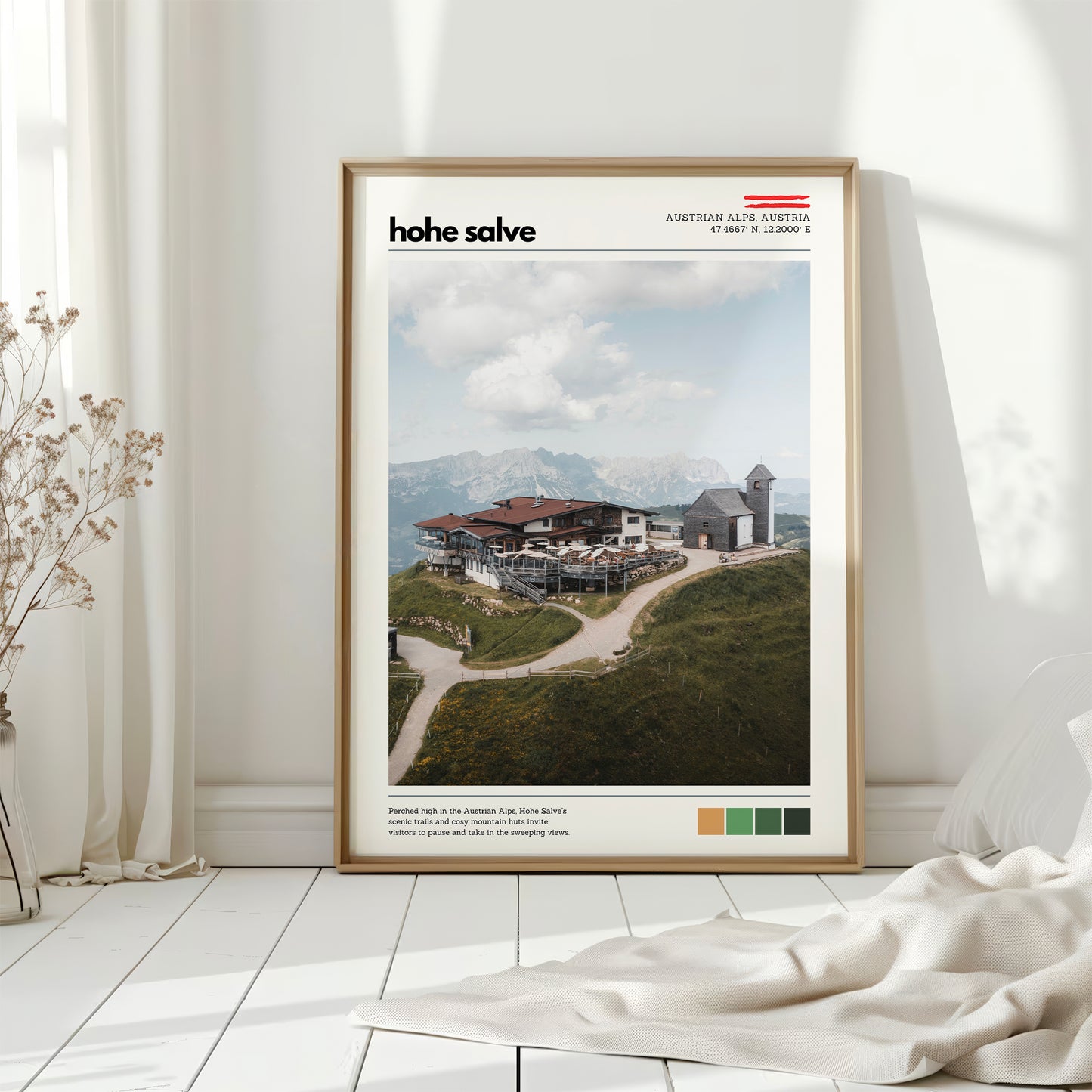 Hohe Salve Austrian Alps wall art displayed in a bright, minimal interior with natural light