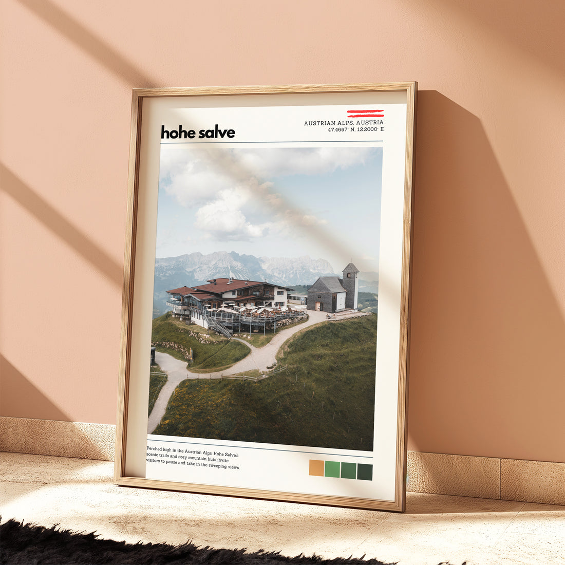 Hohe Salve location poster displayed in a sunlit interior highlighting alpine tones and landscape details