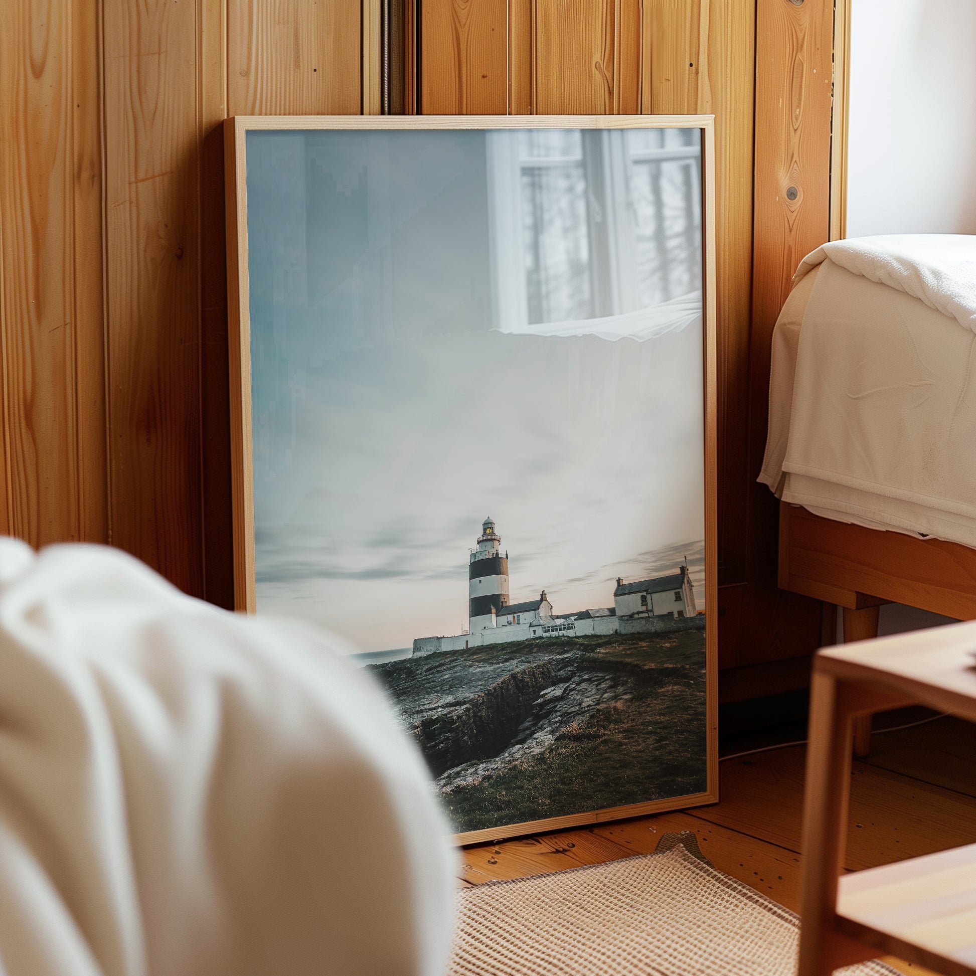 Hook Head Lighthouse framed artwork resting on wooden floor by bed