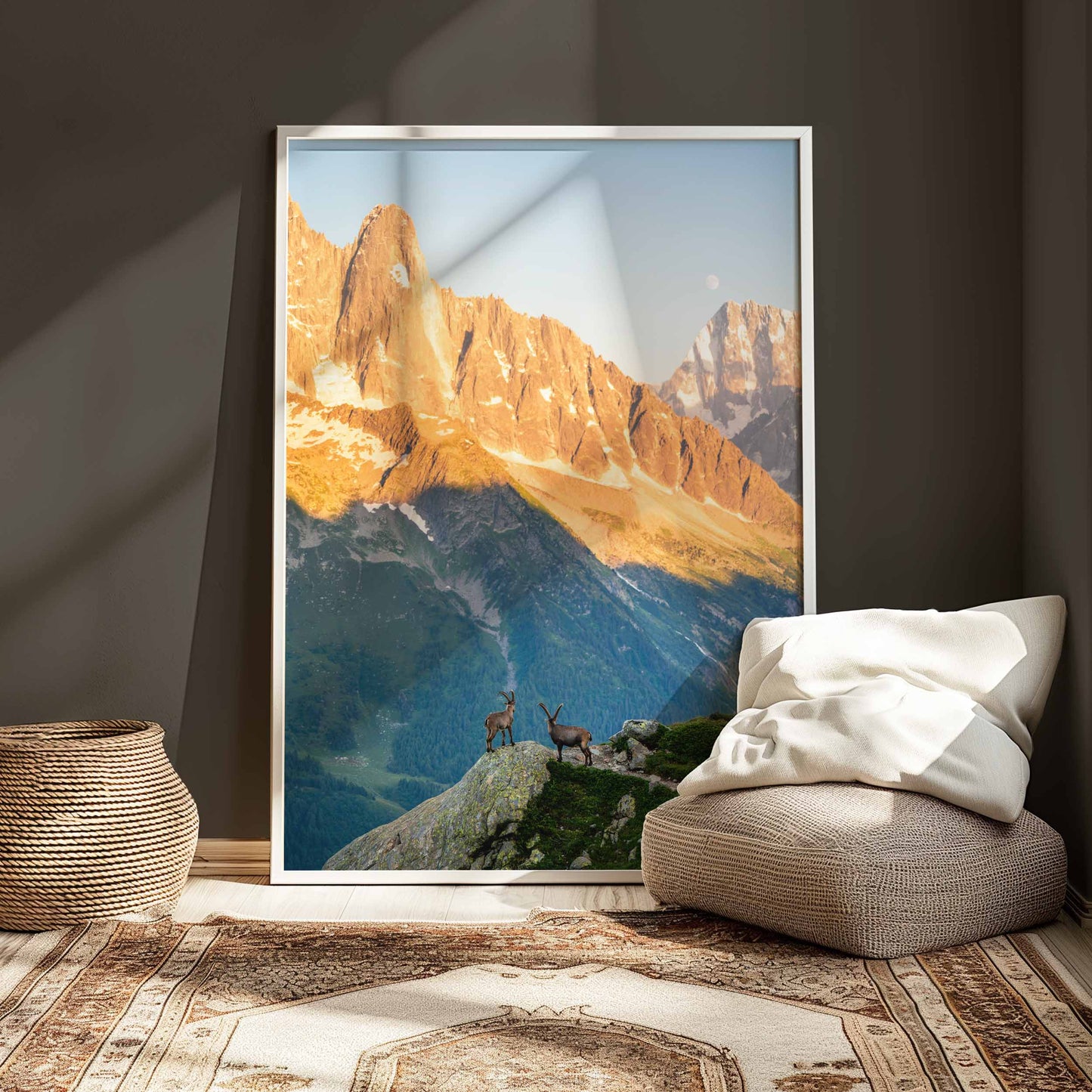 Ibex in Chamonix during sunset with the Mont Blanc massif in the background, perfect for wall art.