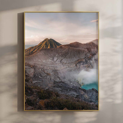 Ijen volcano crater lake Java Indonesia wall art print in gold floating frame mounted on beige wall with natural shadows