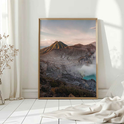 Ijen volcano crater lake Java Indonesia large framed wall art print in natural wood frame leaning against white wall with dried flowers