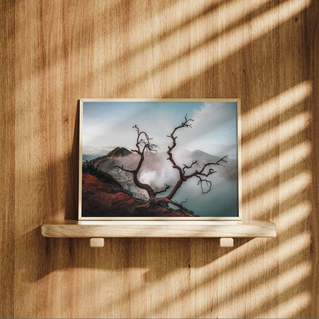 Ijen volcano dead tree crater lake East Java Indonesia framed photography print displayed on natural wood shelf against wooden wall