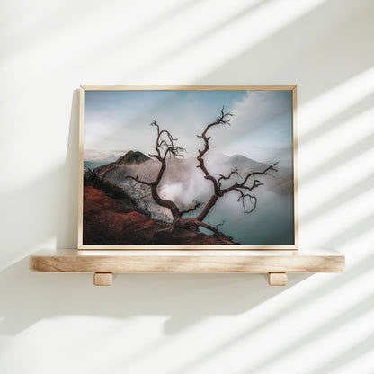Ijen volcano dead tree crater lake East Java Indonesia framed wall art print in natural wood frame on white wall shelf with natural shadows