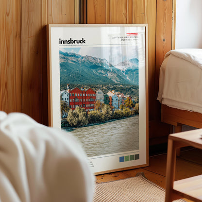 Innsbruck alpine wall art print styled in a warm bedroom interior
