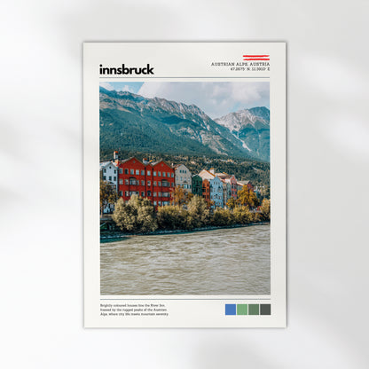 Innsbruck Austrian Alps poster print with alpine mountains and riverside city scenery