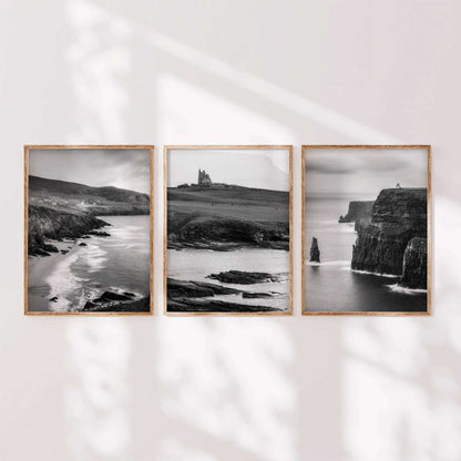 Minimal black and white Irish landscape wall art set of three shown in a calm, modern interior