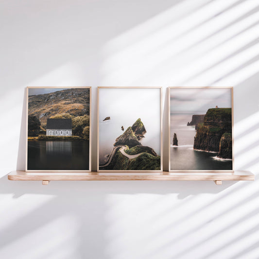 Framed Irish landscape wall art set of three prints displayed together in a modern interior