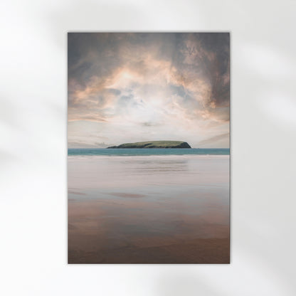 Minimalist seascape print of Keel Beach with moody Atlantic sky and distant island