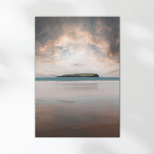 Minimalist seascape print of Keel Beach with moody Atlantic sky and distant island