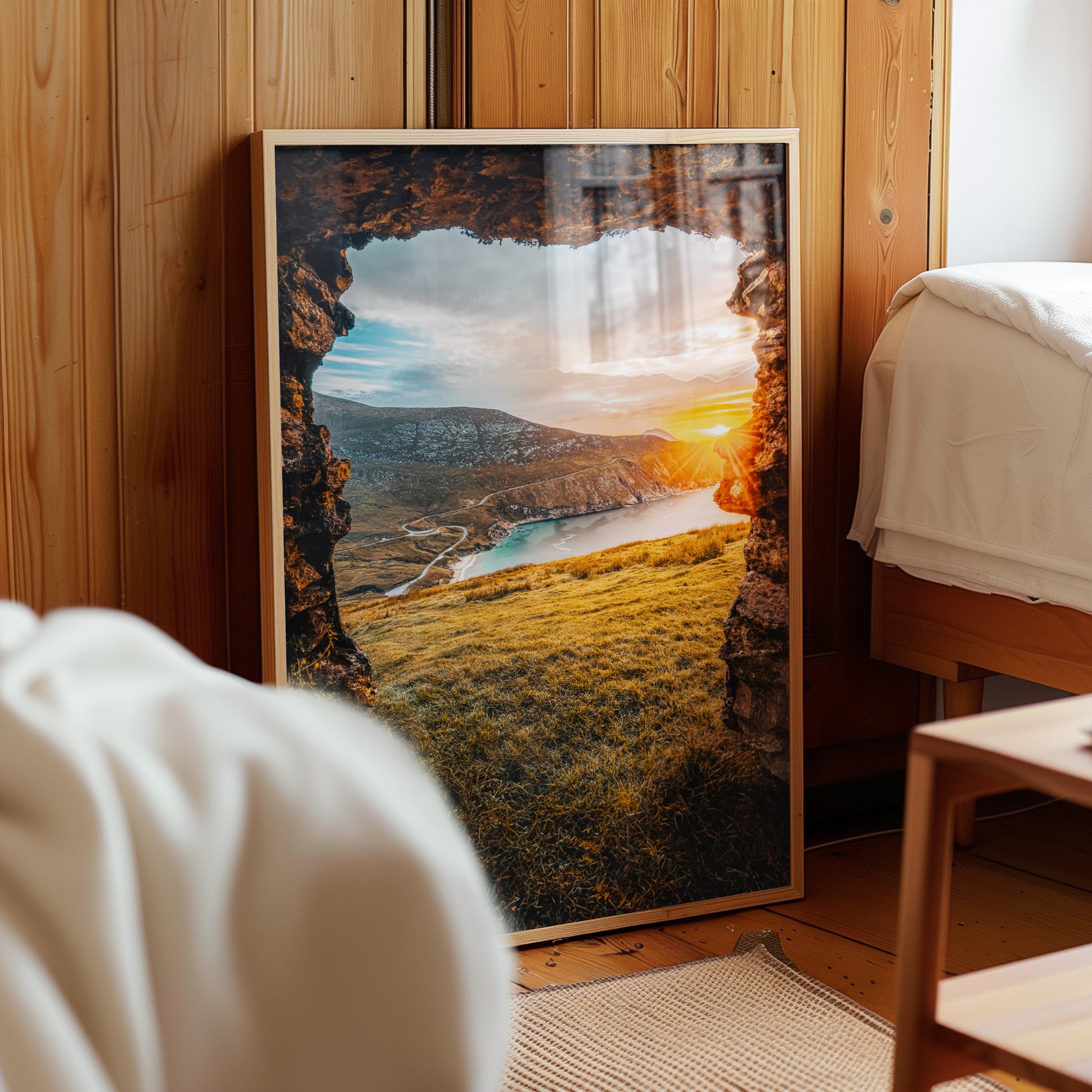 Coastal Ireland decor print showing Keem Bay from an elevated sunset viewpoint.