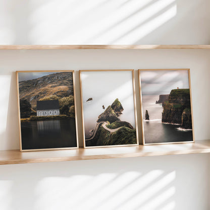 Irish wall art print set of three coastal and landscape photographs styled on a shelf