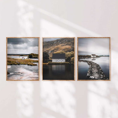 Irish wall art set of three featuring a Connemara countryside hut, Gougane Barra, and a fisherman’s bothy in a coordinated gallery arrangement