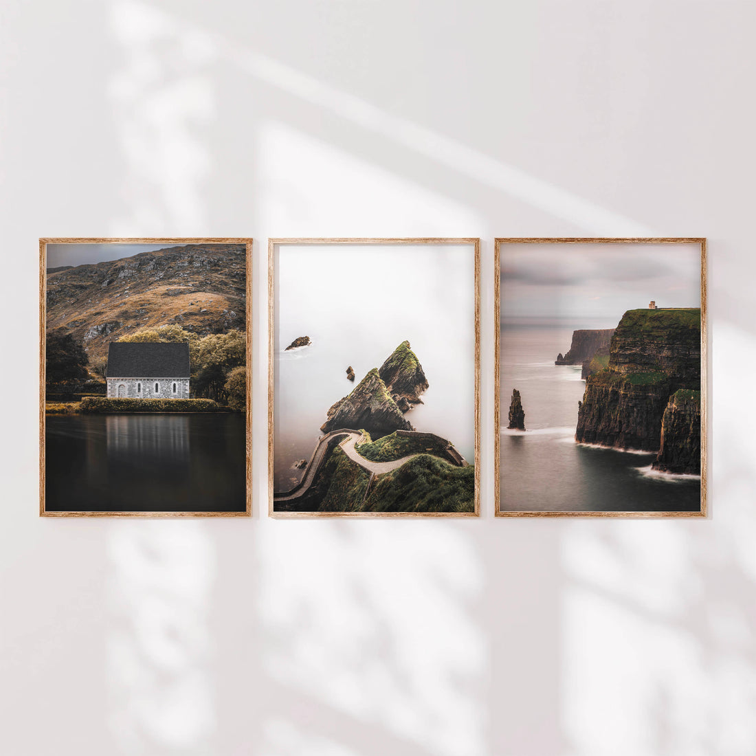 Irish wall art set of three fine art prints featuring Gougane Barra, Dunquin Pier and the Cliffs of Moher