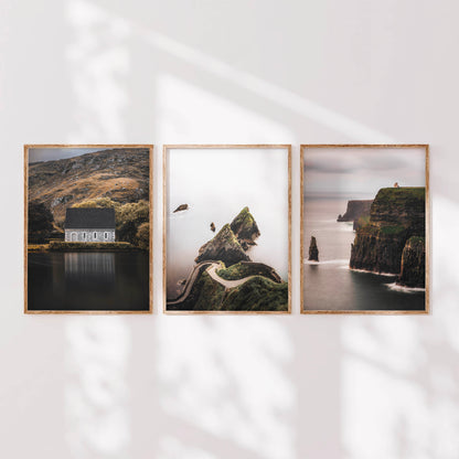 Irish wall art set of three fine art prints featuring Gougane Barra, Dunquin Pier and the Cliffs of Moher