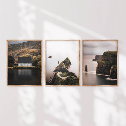 Irish wall art set of three fine art prints featuring Gougane Barra, Dunquin Pier and the Cliffs of Moher