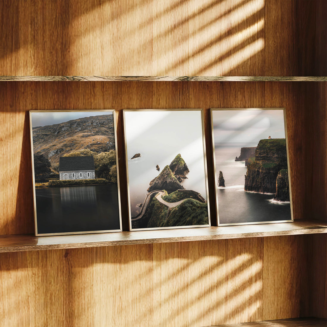 Irish wall art set of three fine art prints styled in a warm natural wood interior