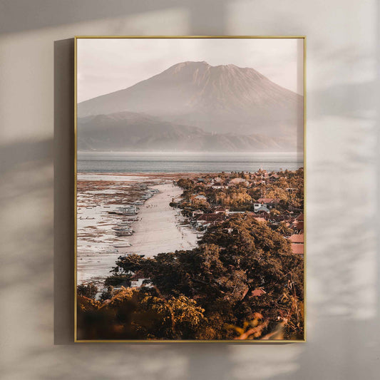 Jungutbatu Beach Nusa Lembongan wall art print with Mount Agung in gold floating frame mounted on beige wall with natural shadows
