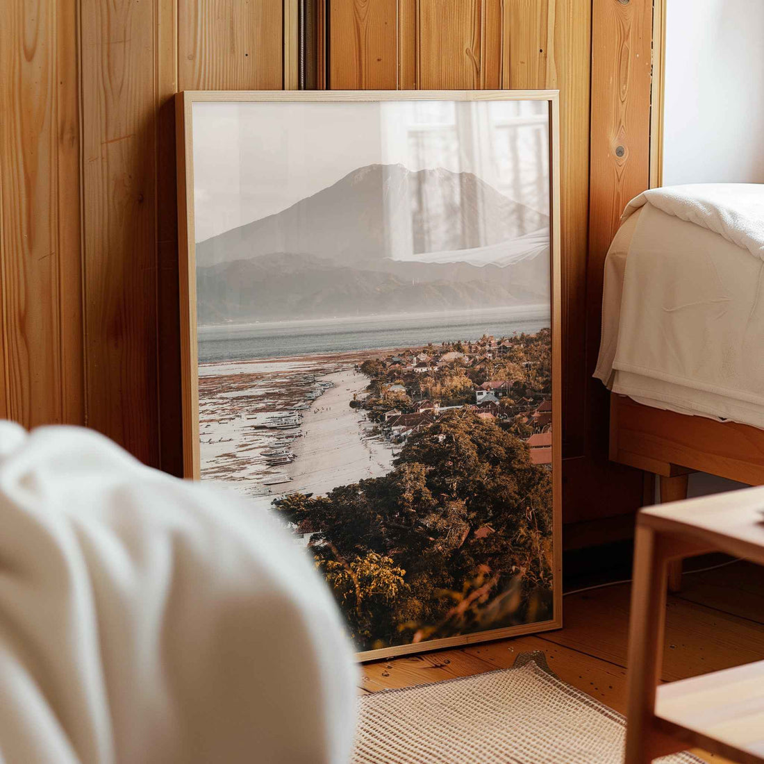 Jungutbatu Beach Nusa Lembongan framed photography print leaning against wooden wall in cosy bedroom interior