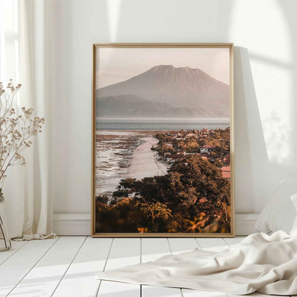 Jungutbatu Beach Nusa Lembongan large framed wall art print in natural wood frame leaning against white wall with dried flowers