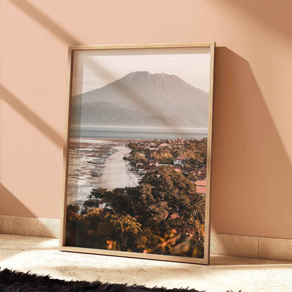 Jungutbatu Beach Nusa Lembongan Mount Agung travel print in natural wood frame leaning against peach terracotta wall