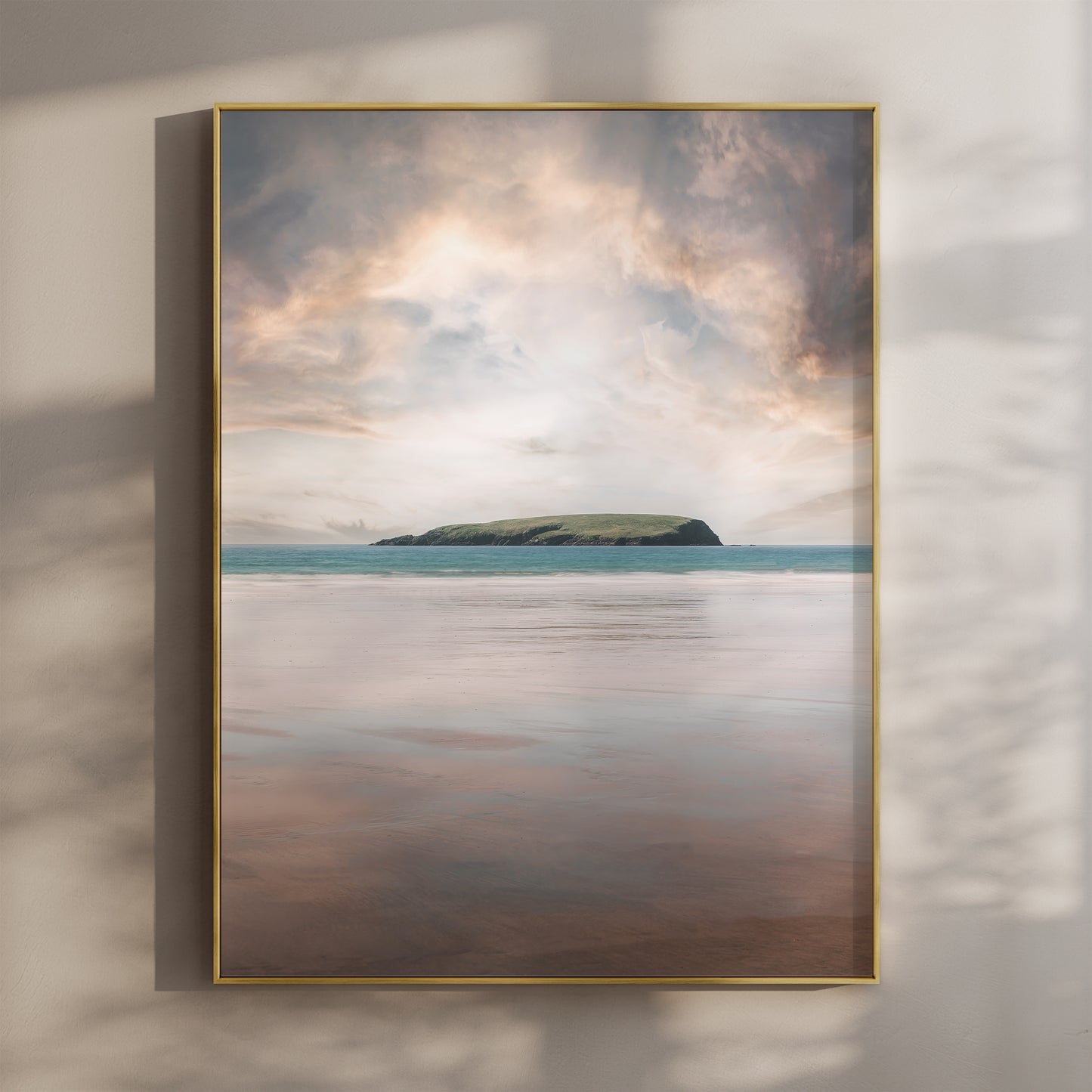 Keel Beach print showing Achill Island across calm reflective sand under soft skies
