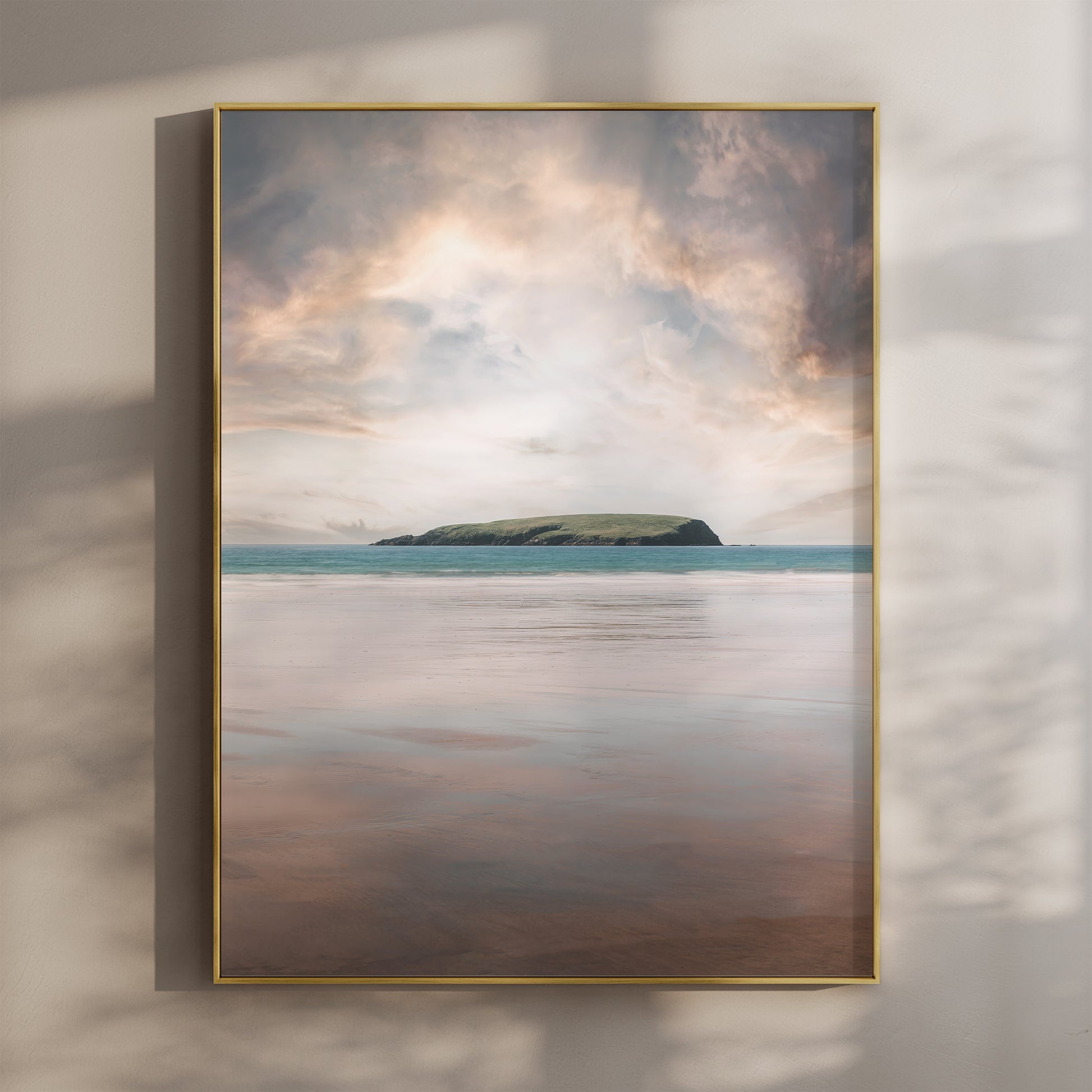 Keel Beach print showing Achill Island across calm reflective sand under soft skies