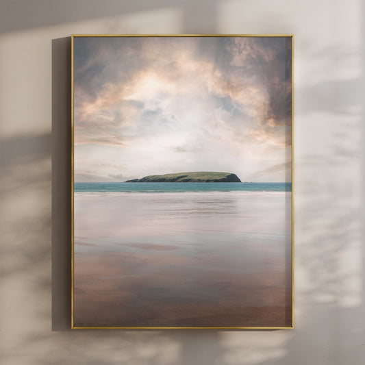 Keel Beach print showing Achill Island across calm reflective sand under soft skies