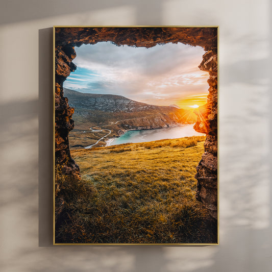 Fine art print of Keem Beach at sunset on Achill Island with golden light on the coastline.